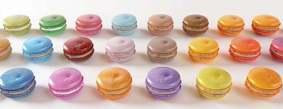 A variety of colorful macarons are arranged in a grid pattern on a white background