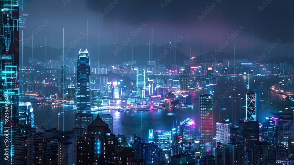 Poster Smart network and Connection technology concept Hong Kong digital city background at night in victoria harbour Cyberpunk color style Panorama view : Generative AI