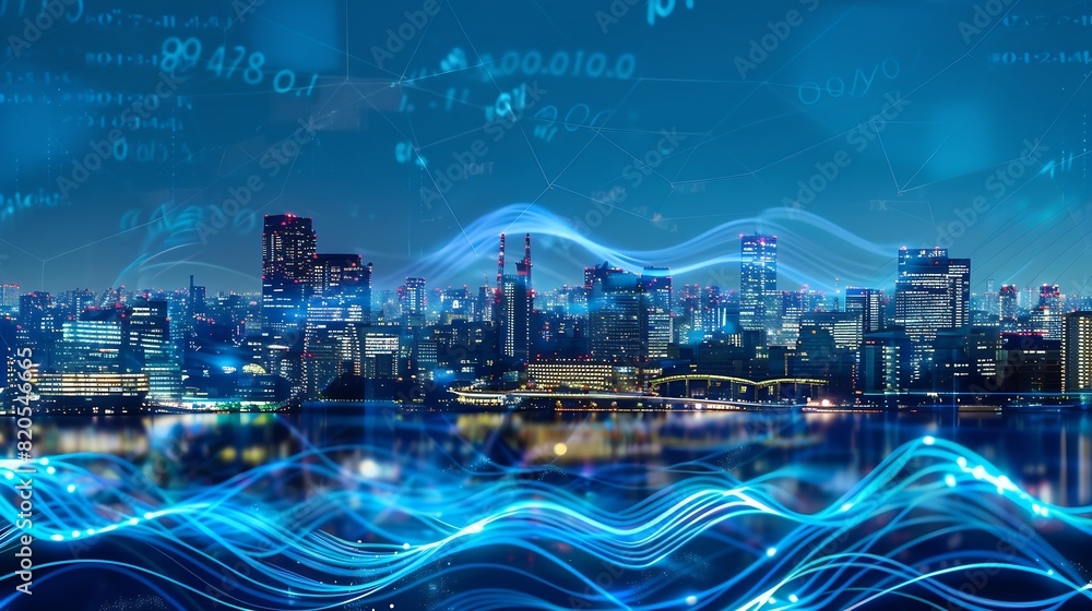 Aufkleber smart city and big data connection technology concept with digital blue wavy wires with antennas on 