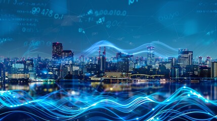 Smart city and big data connection technology concept with digital blue wavy wires with antennas on night megapolis city skyline background double exposure : Generative AI