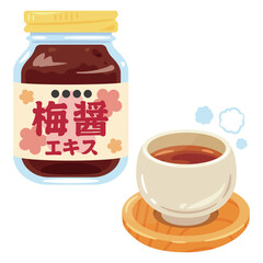 瓶に入った梅醤エキスと湯呑みに入った梅醤番茶