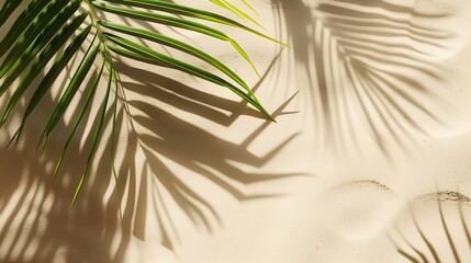 Banner of Palm leaf shadow on sand top view copy space : Generative AI