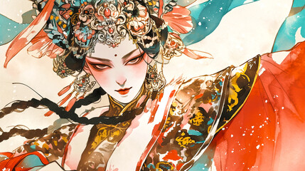 Fototapeta premium Chinese Opera, Women, Performing, Abstract, Traditional Costume, Artistic, Watercolor Style, Intricate Details