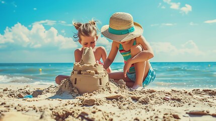 Boy and girl playing on the beach on summer holidays Children building a sandcastle at the sea : Generative AI © The Little Hut