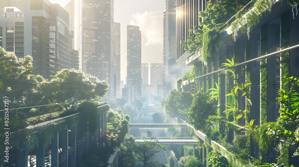 Poster a futuristic cityscape where smart irrigation systems seamlessly integrate with urban landscapes, us