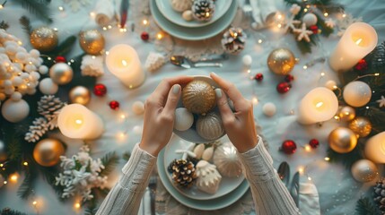 Arranging festive christmas table with elegant decorations, centerpiece, and candles