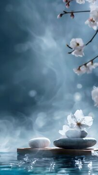  spa vertical background with stones and flowers , water and steam, natural light, tranquil atmosphere for relaxation and meditation, spa retreats, wellness centers, relaxation spaces.