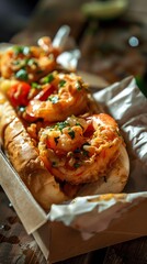 Shrimp poboy, fried shrimp in a baguette, lively New Orleans music festival