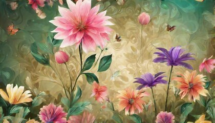 Artistic rendition of vibrant, multicolored flowers in full bloom, accompanied by fluttering butterflies on a textured backdrop.. AI Generation