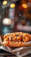 Shrimp poboy, fried shrimp in a baguette, lively New Orleans music festival