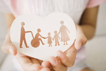 Hands holding diversity family in heart shape, happy carer and volunteer, disable nursing home,...