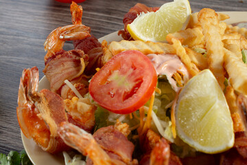 A closeup view of a plate of camarones costa azul.