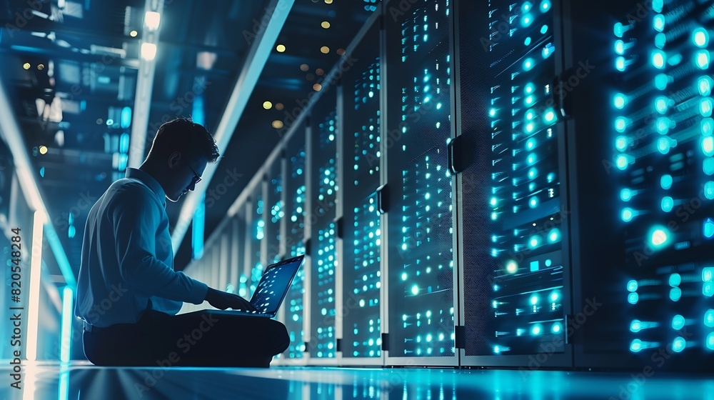 Poster Computer engineer working on laptop computer with server room data center big data storage as backgrounds digital technology database IT support telecommunication internet network tech : Generative AI