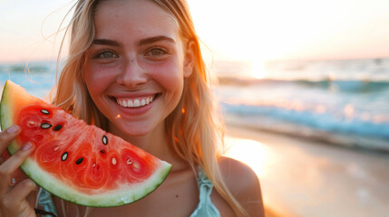 Young woman eating watermelon on the beach to refresh herself on hot summer day - Powered by Adobe