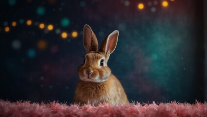 Easter bunny hiding behind a colored wall. Happy easter design banner.
