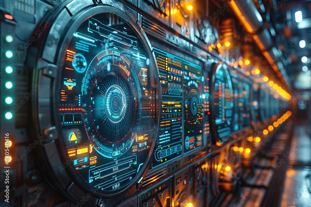 Poster a futuristic scene where computer monitors display intricate data from a nuclear reactor