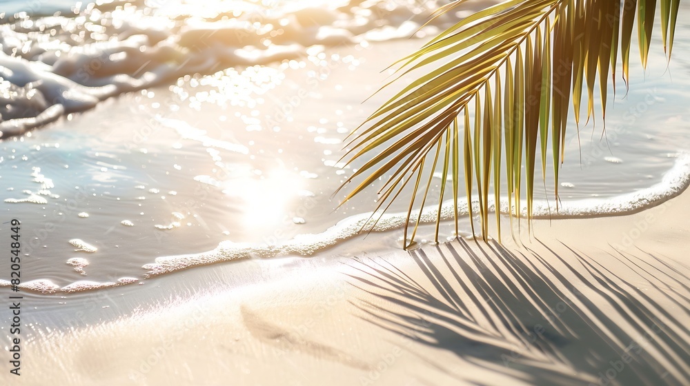 Aufkleber palm leaf shadow on abstract white sand beach background sun lights on water surface beautiful abstr