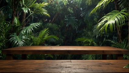 Fototapeta premium Empty wooden table top product display showcase stage with tropical lush jungle leaves background.