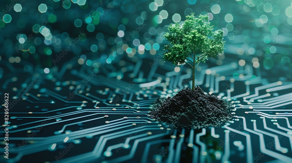 Leinwandbilder Tree with soil growing on  the converging point of computer circuit board Blue light and wireframe network background Green Computing Green Technology Green IT csr and IT ethics Concep : Generative AI