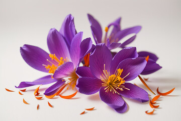 The image is of a purple crocus flower with orange stamens and a pile of saffron threads next to...