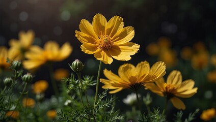 Fresh yellow cosmos flowers bloom in the garden.