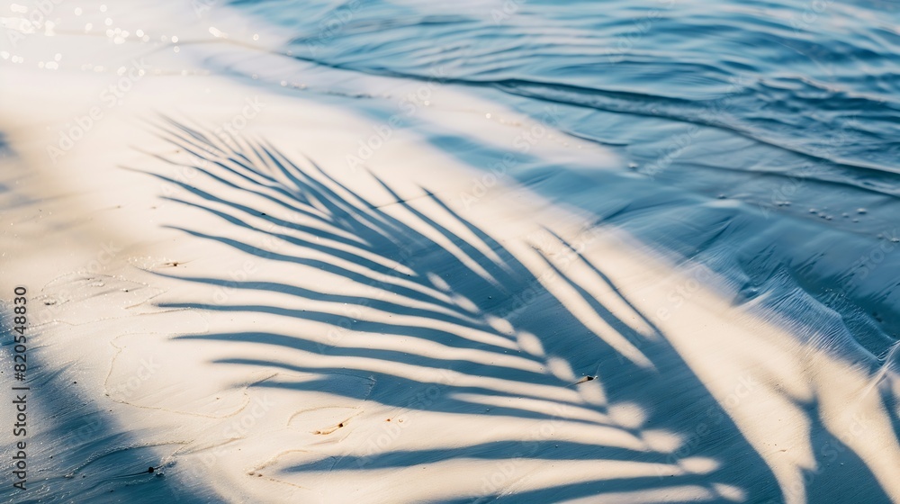 Aufkleber palm leaf shadow on abstract white sand beach background sun lights on water surface beautiful abstr