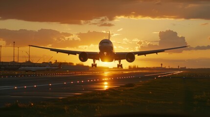Airplane taking off from an airport runway at sunset or dawn