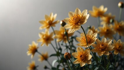 Golden flowers on a white background with space for text,.