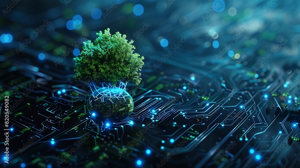 Aufkleber Tree growing on Circuit digital ball Digital and Technology Convergence Blue light and Wireframe network background Green Computing Green Technology Green IT csr and IT ethics Concept : Generative AI