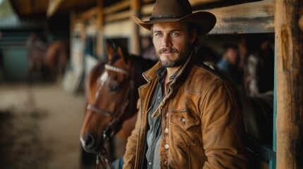 Fototapeta premium Attractive rancher guy in horse stall at his ranch and taking care of horses