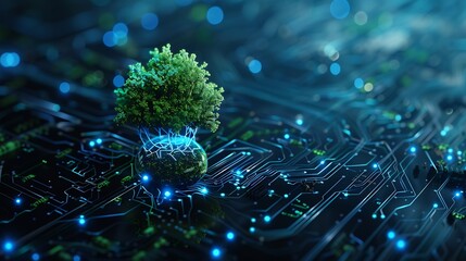 Tree growing on Circuit digital ball Digital and Technology Convergence Blue light and Wireframe network background Green Computing Green Technology Green IT csr and IT ethics Concept : Generative AI