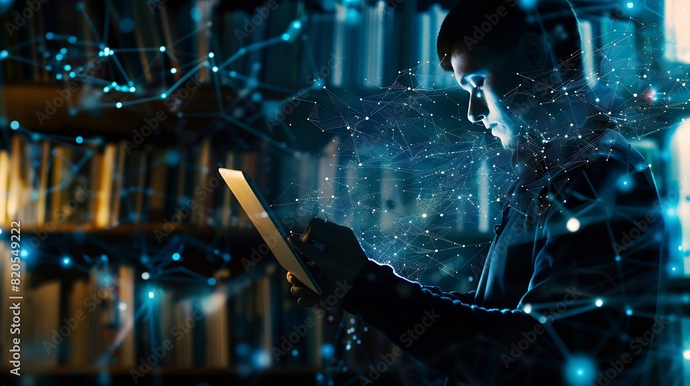 Leinwandbilder Internet network technology digital software development future tech background IoT concept Man using digital tablet and laptop with global network connection computer code : Generative AI