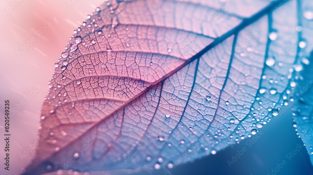 Poster Transparent skeleton leaf with beautiful texture on a blue and pink background glass with shiny water drops closeup macro  Bright expressive artistic image nature free space : Generative AI