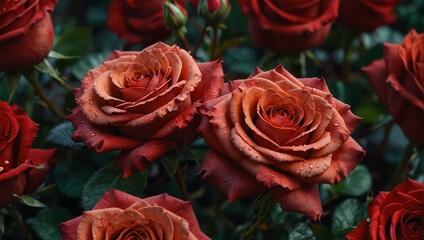 Lovely red roses adorning a rose bush and gathered into a stunning bouquet of red blooms.