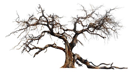 A wilted and withered tree with drooping branches and barren leaves, symbolizing the decline and decay of a once-thriving business, against a transparent background