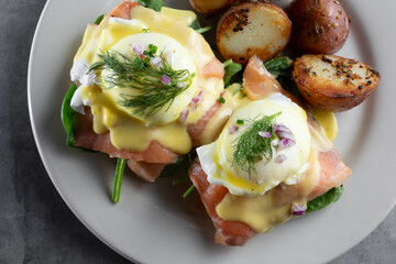 A top down view of smoked salmon eggs Benedict.