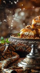 Turkish baklava, layers of flaky pastry, rich in syrup and nuts, closeup, ornate silver tray, intricate patterned tablecloth, eastern aesthetic