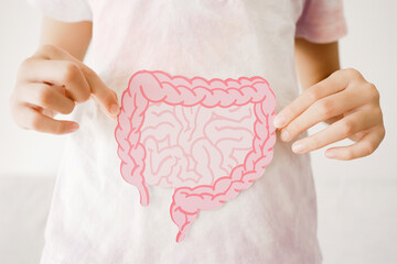 Preteen girl hands holding intestine shape, healthy bowel digestion, leaky gut, probiotic and...