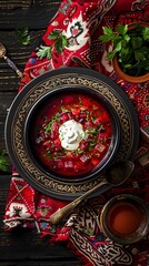 Ukrainian borsch, vibrant beet soup, dollop of sour cream, traditional embroidered tablecloth, family dinner table, heartfelt hospitality