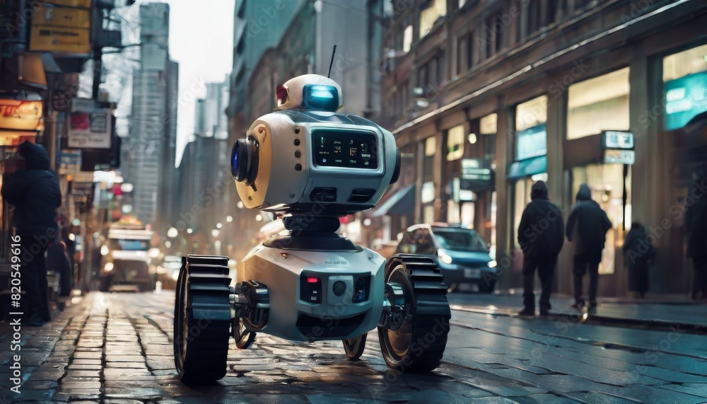 Poster an autonomous robot with advanced ai capabilities navigates a bustling city street at dusk, exemplif