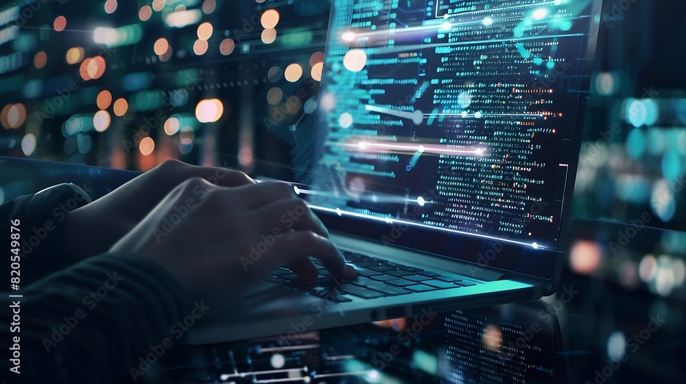 Fototapete Digital technology software development concept Coding programmer software engineer working on laptop with circuit board and javascript on virtual screen internet of things IoT : Generative AI