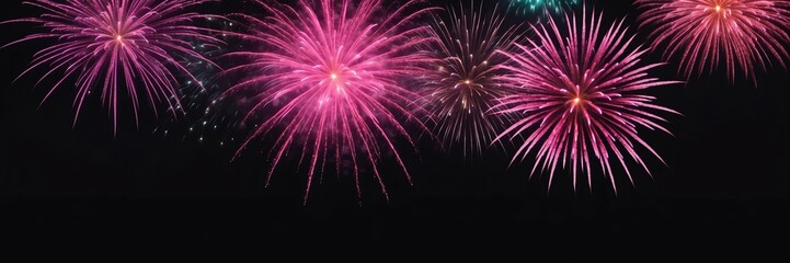 pink bright celebration fireworks on plain black sky background from Generative AI