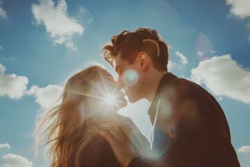 young couple kissing close up, sunny sky in the background for International kissing day July 6