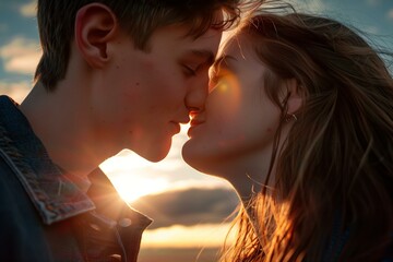 young couple kissing close up, sunny sky in the background for International kissing day July 6