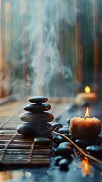  spa vertical background with stones and flowers , water and steam, natural light, tranquil atmosphere for relaxation and meditation, spa retreats, wellness centers, relaxation spaces.