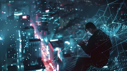 Digital technology big data internet network connection futuristic innovation technology background Man using mobile phone and laptop and smart city : Generative AI