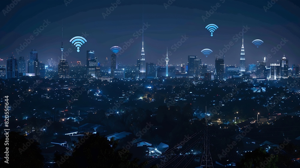 Aufkleber modern city with wireless network connection and city scape conceptwireless network and connection t