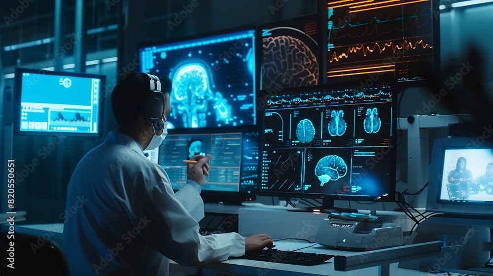 Poster doctor use robotic and innovative medical technology diagnose and examine patient brain with intelli