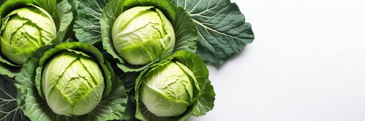 cabbages on border side on plain white background copyspace banner from Generative AI