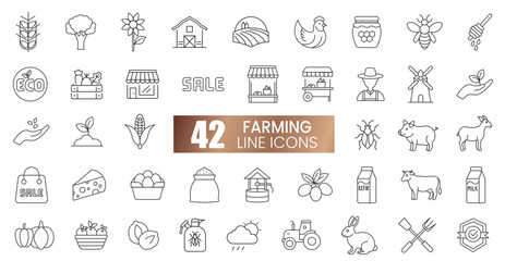 Set of vector of farming icons in line styles. Growing plants, animals, bees, grains, milk, meat, sale, insects, Isolated on a white background. Editable stroke